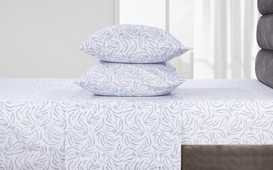 Welspun Basics Printed Bed Sheet Set 4 PCS - King White & Blue ( 300 TC )