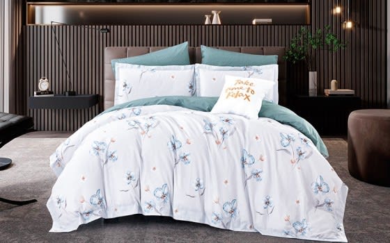 Garden Cotton Quilt Cover Bedding Set 6 PCS Without Filling - King White & Sky Blue