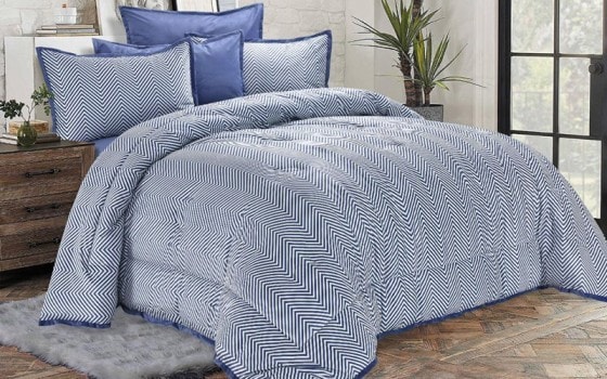 Cannon Stripe Velvet Comforter Bedding Set 6 Pcs - King White & Blue