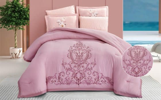 Quila Embroidered Comforter Bedding Set 6 PCS - King Pink