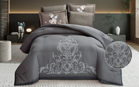 Quila Embroidered Comforter Bedding Set 6 PCS - King Grey