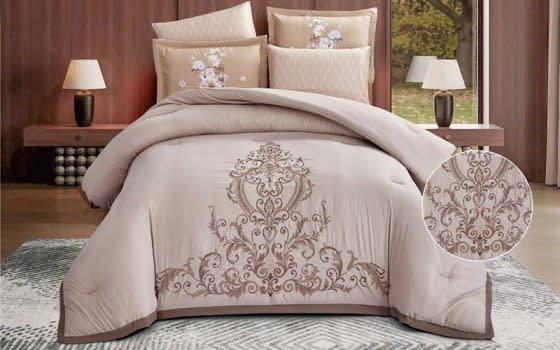 Quila Embroidered Comforter Bedding Set 6 PCS - King Beige