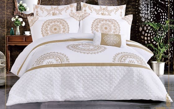 Bari Embroidered Comforter Bedding Set 7 PCS - King White & Beige