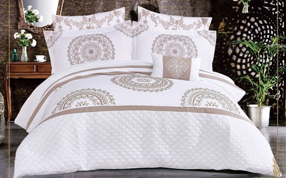 Bari Embroidered Comforter Bedding Set 7 PCS - King White & D.Beige