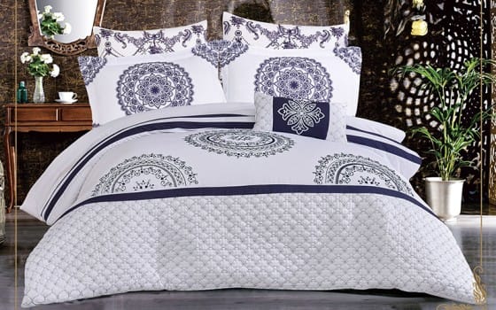Bari Embroidered Comforter Bedding Set 7 PCS - King White & Navy
