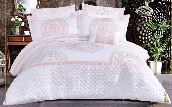 Bari Embroidered Comforter Bedding Set 7 PCS - King White & Pink