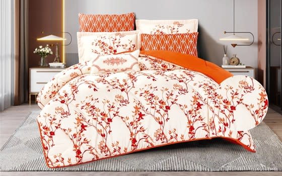 Diana Printed Comforter Bedding Set 7 PCS - King Cream & Orange