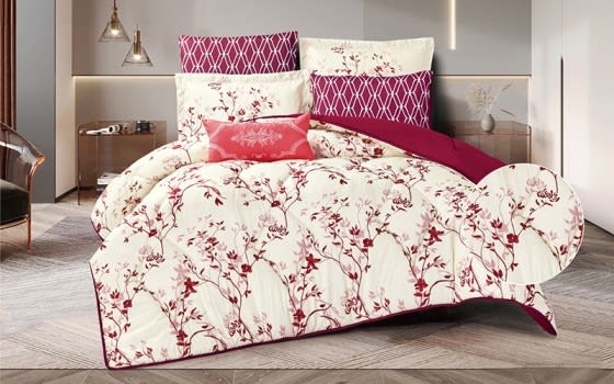 Diana Printed Comforter Bedding Set 7 PCS - King Cream & Burgundy
