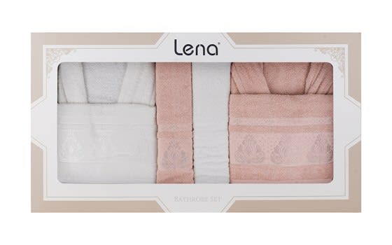 Lena Family Cotton Bathrobe Set 6 PCS - Cream & D.Pink