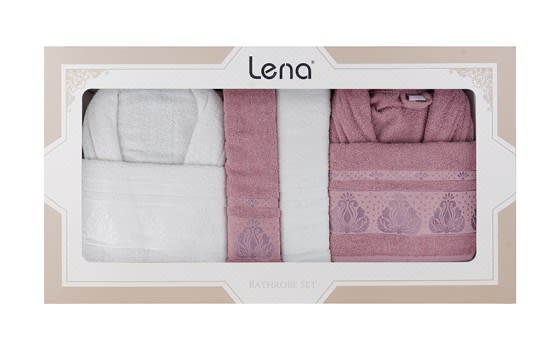 Lena Family Cotton Bathrobe Set 6 PCS - Cream & D.Purple