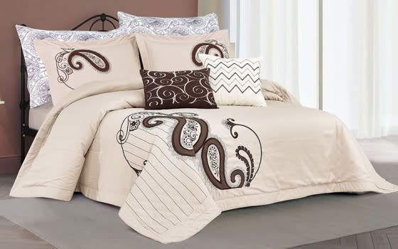 Shakira Embroidered Quilt Cover Bedding Set Without Filling 7 PCS - King Beige 