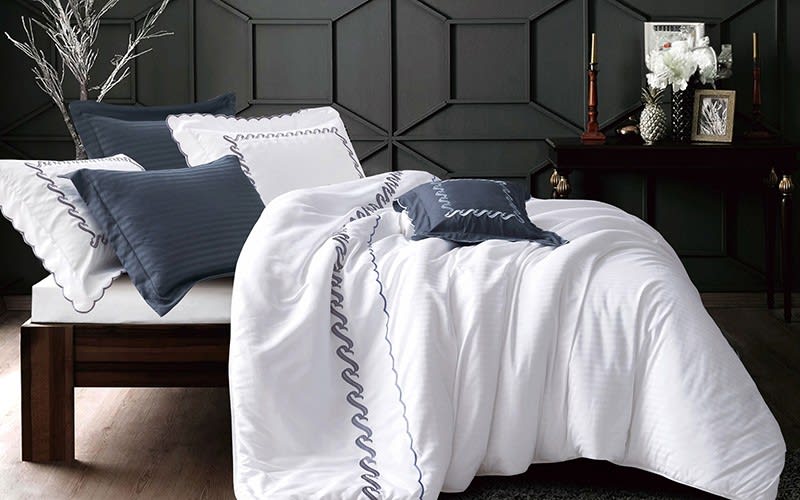 Lmar Embroidered and Stripe Comforter Bedding Set 7 PCS - King White