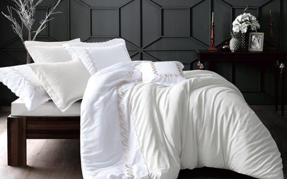 Lmar Embroidered and Stripe Comforter Bedding Set 7 PCS - King Cream