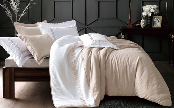 Lmar Embroidered and Stripe Comforter Bedding Set 7 PCS - King Beige