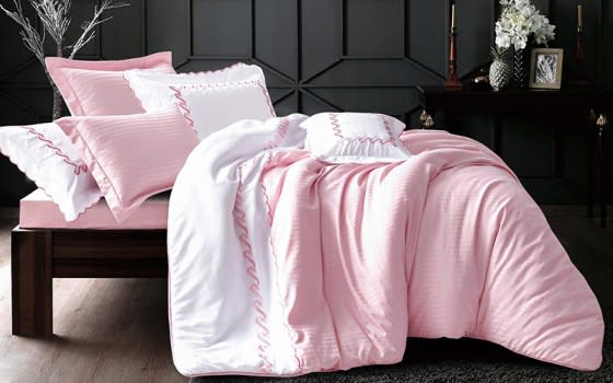 Lmar Embroidered and Stripe Comforter Bedding Set 7 PCS - King Pink