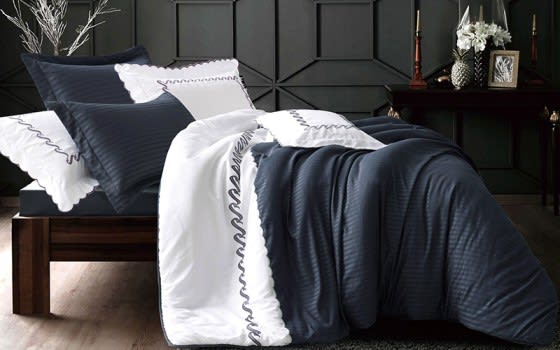 Lmar Embroidered and Stripe Comforter Bedding Set 7 PCS - King D.Grey