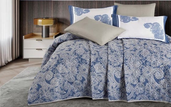 Virginia Cotton BedSpread Set 6 PCS - King Blue & Beige