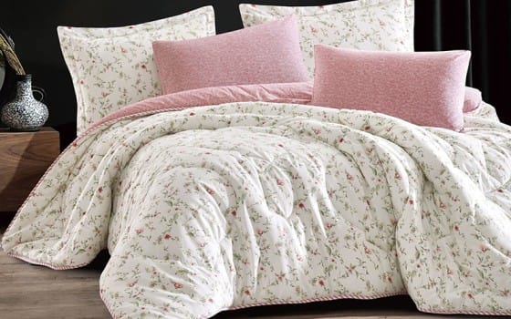 Mali Cotton Comforter Bedding Set 6 PCS - King Cream & Pink
