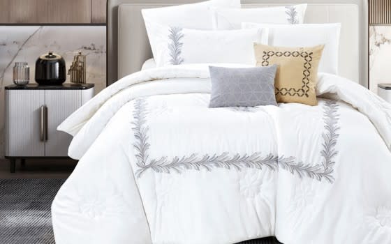 Crown Cotton Embroidered Comforter Bedding Set 8 PCS - King White