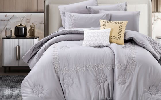 Crown Cotton Embroidered Comforter Bedding Set 8 PCS - King Grey