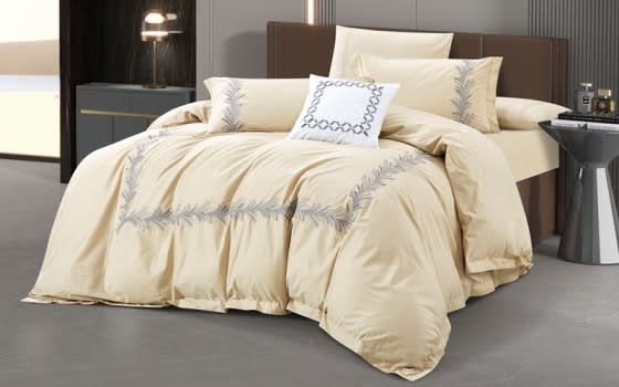 Crown Embroidered Cotton Quilt Cover Bedding Set Without Filling 7 PCS - King Beige