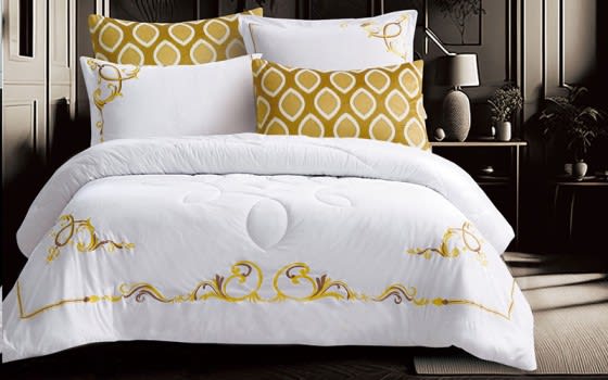 Ecobella Embroidered Velvet Comforter Bedding Set 6 PCS - King White & Gold