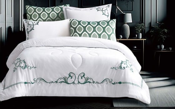 Ecobella Embroidered Velvet Comforter Bedding Set 6 PCS - King White & Green