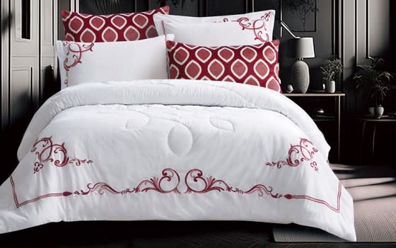 Ecobella Embroidered Velvet Comforter Bedding Set 6 PCS - King White & Burgundy