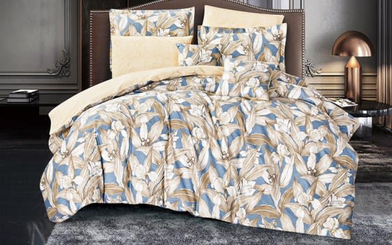 Worood Cotton Double Face Comforter Bedding Set 8 PCS - King Blue & Beige 