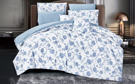 Worood Cotton Double Face Comforter Bedding Set 8 PCS - King White & Sky Blue