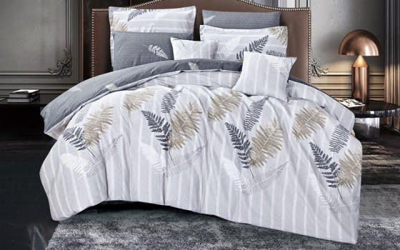 Worood Cotton Double Face Comforter Bedding Set 8 PCS - King White & Grey & Beige