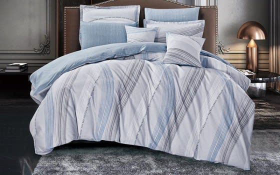 Worood Cotton Double Face Comforter Bedding Set 8 PCS - King White & Sky Blue & D.Grey