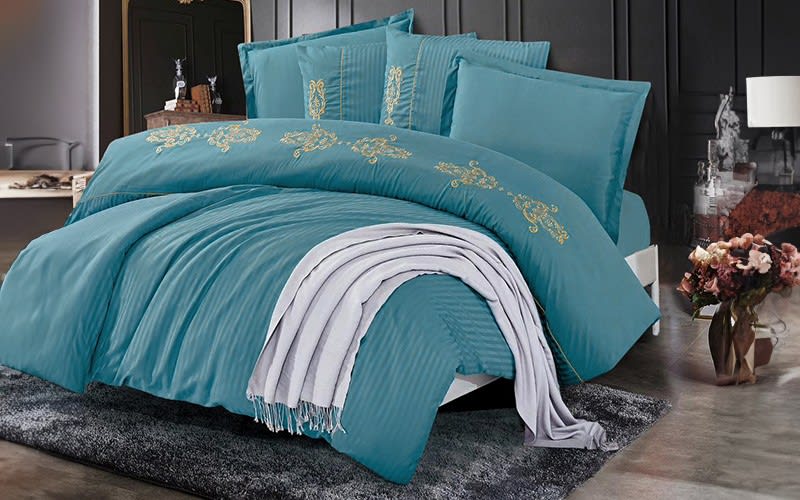 New Palace Embroidered Stripe Comforter Bedding Set 4 Pcs - Single Turquoise