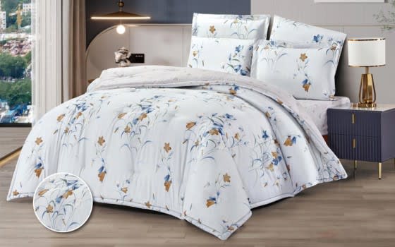 Natalie Comforter Bedding Set 6 Pcs - King White & Blue & Beige