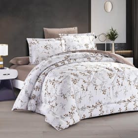 Lily Comforter Bedding Set 4 Pcs - Single White & Grey & Brown