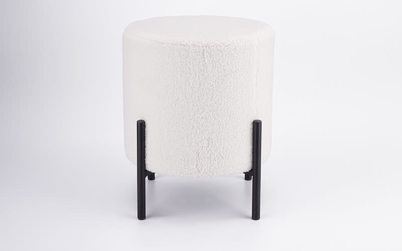 Wool Round Sitting Stool With 4 Metal Legs - Off White