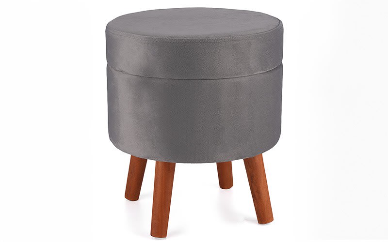 Upholstered Velvet Round Sitting Stool With 4 wood Legs  - D.Grey