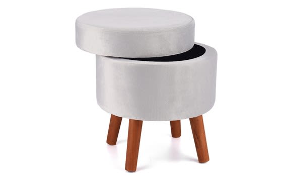 Upholstered Velvet Round Sitting Stool With 4 wood Legs  - L.Grey