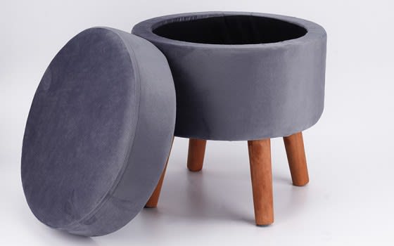 Upholstered Velvet Round Sitting Stool With 4 wood Legs  - Grey