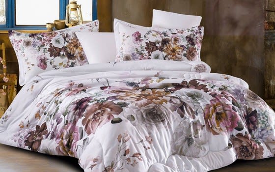Lourdes Comforter Bedding Set 6 Pcs - King White & Brown & Pink