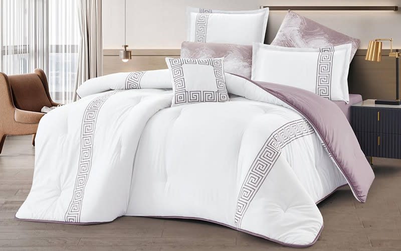 Monica Embroidered Comforter Bedding Set 5 Pcs - Single White & Purple