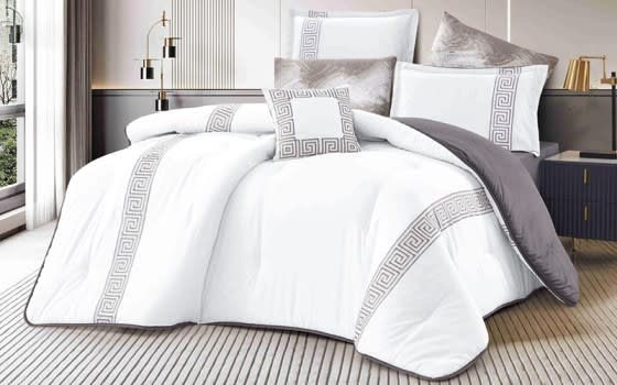 Monica Embroidered Comforter Bedding Set 5 Pcs - Single White & Grey