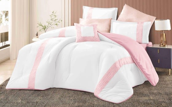 Monica Embroidered Comforter Bedding Set 5 Pcs - Single White & Pink