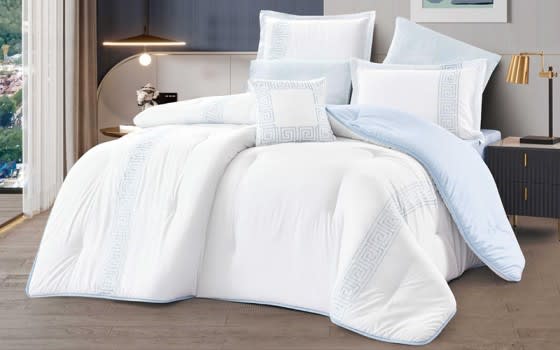 Monica Embroidered Comforter Bedding Set 5 Pcs - Single White & L.Blue