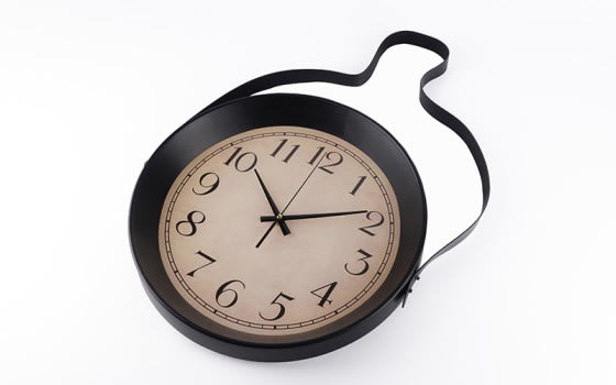 Wall Clock With a Hanging Leather Strap - Black