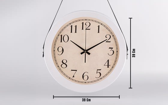Wall Clock With a Hanging Leather Strap - White