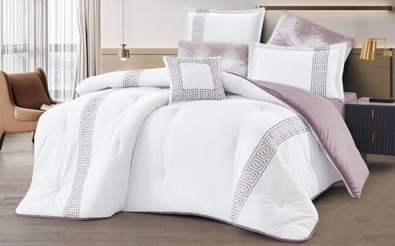 Monica Embroidered Comforter Bedding Set 7 Pcs - King White & Purple 