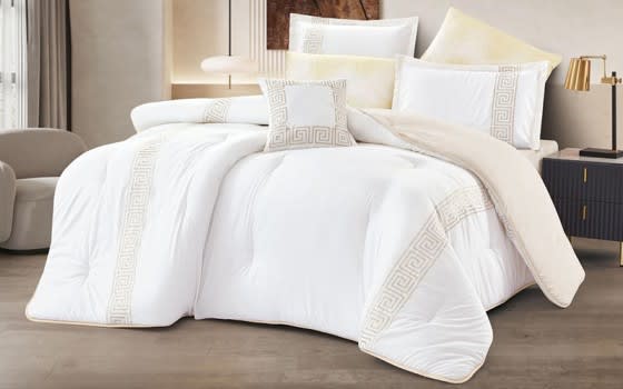Monica Embroidered Comforter Bedding Set 7 Pcs - King White & L.Beige