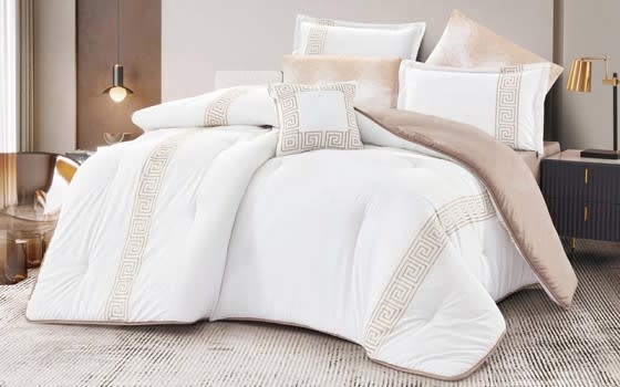 Monica Embroidered Comforter Bedding Set 7 Pcs - King White & Beige