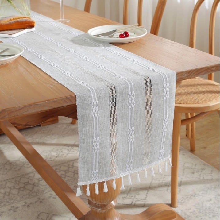 Linen & Cotton Embroidered Table Runner 1 Pcs - Grey